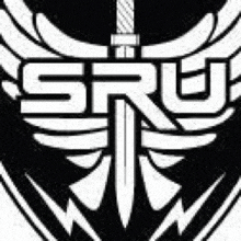 a black and white logo with a sword and wings on a black background .