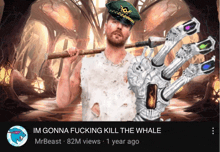 a man in a military hat is holding a stick and a robotic hand