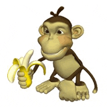 a cartoon monkey is holding a banana in its hand and smiling .