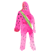 a drawing of a pink watermelon with a green sash around his waist