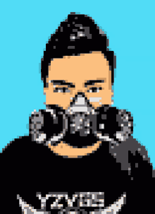 a pixel art drawing of a man wearing a black shirt that says yzvcs