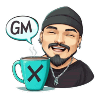 a cartoon of a man with a cup of coffee and a gm speech bubble