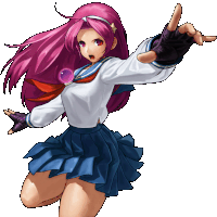 a girl with pink hair is wearing a blue skirt