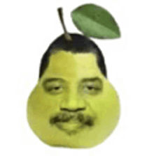 a pear with a man 's face on it and a leaf on top of it .