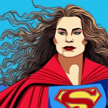 a woman with long hair is wearing a blue and red superman costume