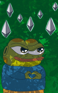 a frog making a heart with his hands in front of a green background with ethereum symbols