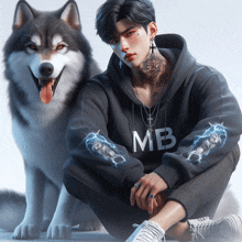 a man wearing a hoodie that says mb is kneeling next to a husky dog