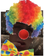 a clown is wearing a rainbow wig and a bow tie