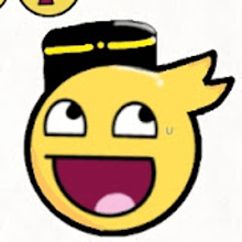 a cartoon smiley face with a black hat and a yellow tail