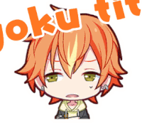 a cartoon character with orange hair and green eyes with the words " oku tit " behind him