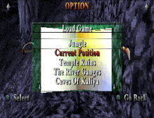 a video game screen shows the options for jungle current position temple ruins and the river ganges caves of kaliya