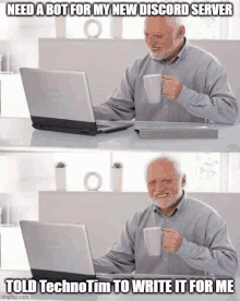 an elderly man is sitting at a desk with a laptop computer and a cup of coffee .