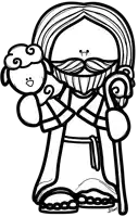 a black and white drawing of jesus holding a lamb and a cane .