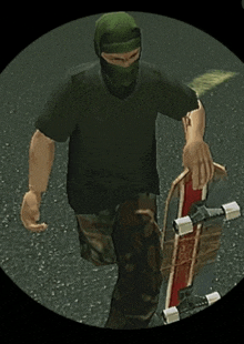 a man wearing a black shirt and a green mask is holding a skateboard