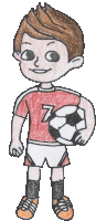 a drawing of a boy in a red jersey with the number 7 holding a soccer ball