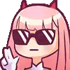 a cartoon girl with long pink hair and horns is wearing sunglasses and giving the ok sign .