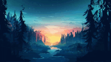 a pixel art painting of a river surrounded by trees at sunset