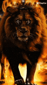 a lion wearing a crown is surrounded by flames