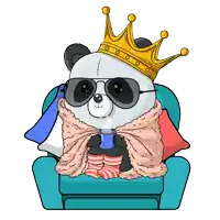 a panda bear wearing sunglasses and a crown sits in a chair
