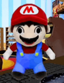 a stuffed mario doll is standing in a room wearing overalls and a red hat with the letter m on it .