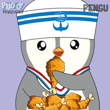 a penguin wearing a sailor hat is eating fried chicken from a bowl