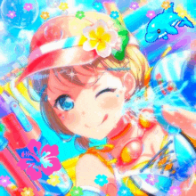 a girl wearing a hat with a flower on it is surrounded by water and flowers