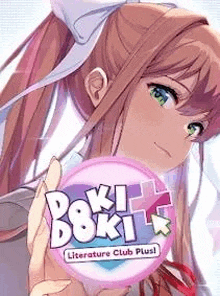 a close up of a girl holding a pink circle with the words `` doki doki '' on it .