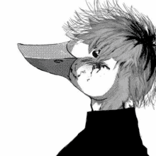 a black and white drawing of a person with a bird mask on .