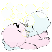 two teddy bears are hugging each other with bubbles surrounding them