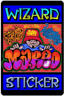 a colorful wizard sticker with graffiti on it