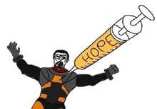 a cartoon of a man holding a large syringe that says hope