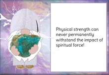 a picture of a gnome holding a rock that says " physical strength can never permanently withstand the impact of spiritual force ! "