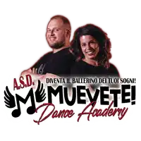 a man and a woman are standing next to each other in front of a logo for memevete dance academy