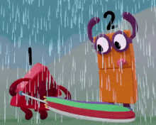 a cartoon character with the number 2 on his head is standing in the rain