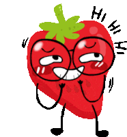 a cartoon drawing of a strawberry with glasses and arms and legs saying hi hi hi