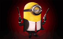 a yellow minion wearing a suit and tie holds two guns