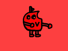 a cartoon drawing of a red apple with the letter ov on it