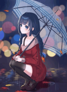 a girl with blue hair is holding an umbrella in the rain and has the hashtag @soyashiroko written on the bottom