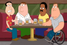 a group of cartoon characters sit around a table with beer mugs