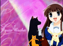 a girl is holding a cat and a rabbit in front of a pink background with the words fruits basket on it