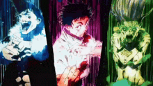 a group of anime characters are standing next to each other in a room .