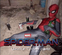 a poster for spider-man unable to go home with a spider-man laying on the ground