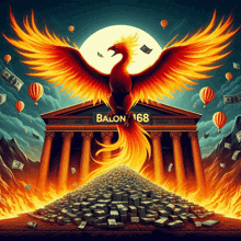 an illustration of a phoenix flying over a building with the number 68 on it