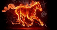 a horse is covered in flames and running on a dark background .