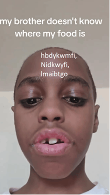 a young boy with a caption that says my brother doesn 't know where my food is
