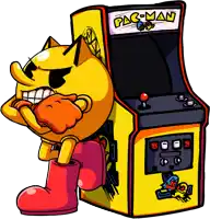 a cartoon of pac man standing next to a pac man arcade game