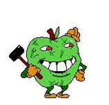 a green apple is holding a hammer and wearing gloves .