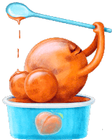 a cartoon illustration of a peach with a spoon sticking out of it