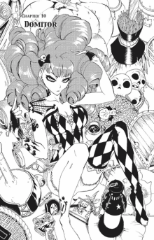 a black and white drawing of a woman in a harlequin outfit with the title chapter 10 dominator