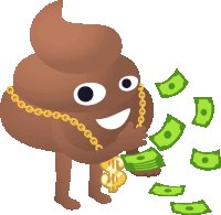 a cartoon illustration of a poop wearing a gold chain and holding a stack of money